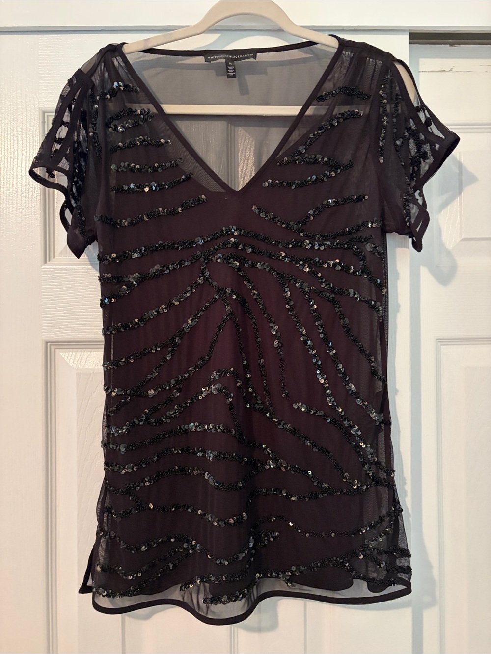 White House Black Market Black Sheer V-Neck Top with Sequin Detail
